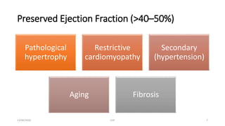 Preserved Ejection Fraction (>40–50%)
Pathological
hypertrophy
Restrictive
cardiomyopathy
Secondary
(hypertension)
Aging Fibrosis
13/04/2020 CHF 7
 