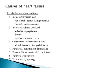 A) Mechanical abnormalities -
1. Increased pressure load
Peripheral - systemic hypertension
Central - aortic stenosis
2. Increased volume overload
Valvular regurgitation
Shunts
Increased venous return
3. Obstruction to ventricular filling
Mitral stenosis, tricuspid stenosis
4. Pericardial constriction, tamponade
5. Endocardial or myocardial restriction.
6. Ventricular aneurysm
7. Ventricular dyssynergy.
 
