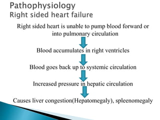 Right sided heart is unable to pump blood forward or
into pulmonary circulation
Blood accumulates in right ventricles
Blood goes back up to systemic circulation
Increased pressure in hepatic circulation
Causes liver congestion(Hepatomegaly), spleenomegaly
 