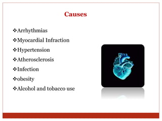 Causes
Arrhythmias
Myocardial Infraction
Hypertension
Atherosclerosis
Infection
obesity
Alcohol and tobacco use
 