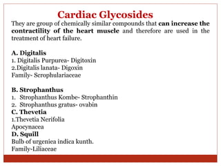 Cardiac Glycosides
They are group of chemically similar compounds that can increase the
contractility of the heart muscle and therefore are used in the
treatment of heart failure.
A. Digitalis
1. Digitalis Purpurea- Digitoxin
2.Digitalis lanata- Digoxin
Family- Scrophulariaceae
B. Strophanthus
1. Strophanthus Kombe- Strophanthin
2. Strophanthus gratus- ovabin
C. Thevetia
1.Thevetia Nerifolia
Apocynacea
D. Squill
Bulb of urgeniea indica kunth.
Family-Liliaceae
 