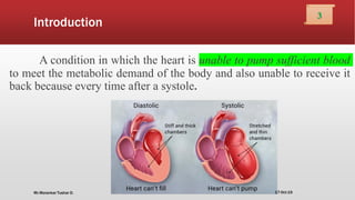 Introduction
A condition in which the heart is unable to pump sufficient blood
to meet the metabolic demand of the body and also unable to receive it
back because every time after a systole.
17-Oct-19
3
Mr.Morankar Tushar D.
 