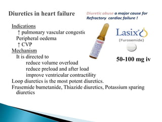 Indications
↑ pulmonary vascular congestion
Peripheral oedema
↑ CVP
Mechanism
It is directed to
reduce volume overload
reduce preload and after load
improve ventricular contractility
Loop diuretics is the most potent diuretics.
Frusemide bumetanide, Thiazide diuretics, Potassium sparing
diuretics
50-100 mg iv
 