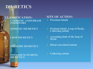 DIURETICS CLASSIFICATION: CARBONIC ANHYDRASE INHIBITORS OSMOTIC DIURETICS LOOP DIURETICS THIAZIDE DIURETICS POTASSIUM SPARING DIURETICS SITE OF ACTION: Proximal tubule Proimal tubule, Loop of Henle, Collecting tubule Ascending limb of the loop of Henle Distal convoluted tubule Collecting tubule 