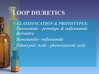 LOOP DIURETICS CLASSIFICATION & PROTOTYPES: Furosemide – prototype & sulfonamide derivative Bumetanide- sulfonamide Ethacrynic Acid – phenoxyacetic acid 