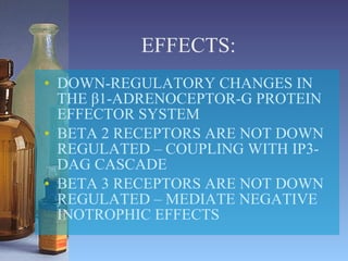 EFFECTS: DOWN-REGULATORY CHANGES IN THE  β 1-ADRENOCEPTOR-G PROTEIN EFFECTOR SYSTEM BETA 2 RECEPTORS ARE NOT DOWN REGULATED – COUPLING WITH IP3-DAG CASCADE BETA 3 RECEPTORS ARE NOT DOWN REGULATED – MEDIATE NEGATIVE INOTROPHIC EFFECTS 