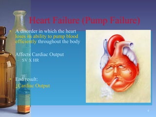 Heart Failure (Pump Failure) A disorder in which the heart  loses its ability to pump blood efficiently  throughout the body Affects Cardiac Output SV X HR End result: ↓ Cardiac Output 