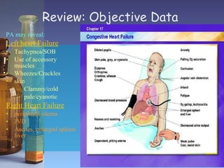 Review: Objective Data PA may reveal: Left heart Failure Tachypnea/SOB Use of accessory muscles Wheezes/Crackles skin Clammy/cold pale/cyanotic Right Heart Failure peripheral edema JVD Ascites, enlarged spleen/liver 