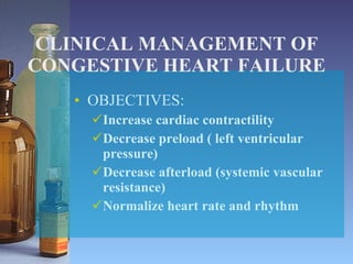 CLINICAL MANAGEMENT OF CONGESTIVE HEART FAILURE OBJECTIVES: Increase cardiac contractility Decrease preload ( left ventricular pressure) Decrease afterload (systemic vascular resistance) Normalize heart rate and rhythm 