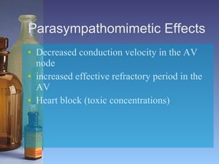 Parasympathomimetic Effects  Decreased conduction velocity in the AV node  increased effective refractory period in the AV  Heart block (toxic concentrations) 
