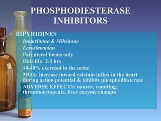 PHOSPHODIESTERASE INHIBITORS BIPYRIDINES Inamrinone & Milrinone Levosimendan Parenteral forms only Half-life: 2-3 hrs 10-40% excreted in the urine MOA: increase inward calcium influx in the heart during action potential & inhibits phosphodiesterase ADVERSE EFFECTS: nausea, vomiting, thrombocytopenia, liver enzyme changes 