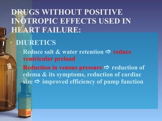 DRUGS WITHOUT POSITIVE INOTROPIC EFFECTS USED IN HEART FAILURE: DIURETICS Reduce salt & water retention     reduce ventricular preload Reduction in venous pressure     reduction of edema & its symptoms, reduction of cardiac size    improved efficiency of pump function 