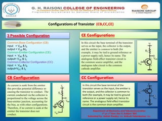 Configurations of Transistor (CB,CC,CE)
3 Possible Configuration
Common-Base Configuration (CB)
input = VEB & IE
output = VCB &IC
Common-Emitter Configuration (CE):
input = VBE & IB
output= VCE & IC
Common-Collector Configuration (CC)
input = VBC & IB
output=VEC & IE
CB Configuration
As current is sunk from the emitter
this provides potential difference so
causing the transistor to conduct.. The
current conducted via the collector is
proportional to the voltage across the
base-emitter junction, accounting for
the bias, as with other configurations.
Therefore, if no current is sunk at the
emitter the transistor does not
conduct.
CE Configuration0
In this circuit the base terminal of the transistor
serves as the input, the collector is the output,
and the emitter is common to both (for
example, it may be tied to ground reference or
a power supply rail), hence its name. The
analogous field-effect transistor circuit is
the common source amplifier, and the
analogous tube circuit is the common
cathode amplifier.
CC Configuration
In this circuit the base terminal of the
transistor serves as the input, the emitter is
the output, and the collector is common to
both (for example, it may be tied to ground
reference or a power supply rail, hence its
name. The analogous field-effect transistor
circuit is the common drain amplifier.
Department of Electronics and Telecommunication
2nd yr 3rd Sem (Sec C) Subject- EDC
Submitted by- Ashish Pandey (30), Ankush Fulambarkar (28).
 