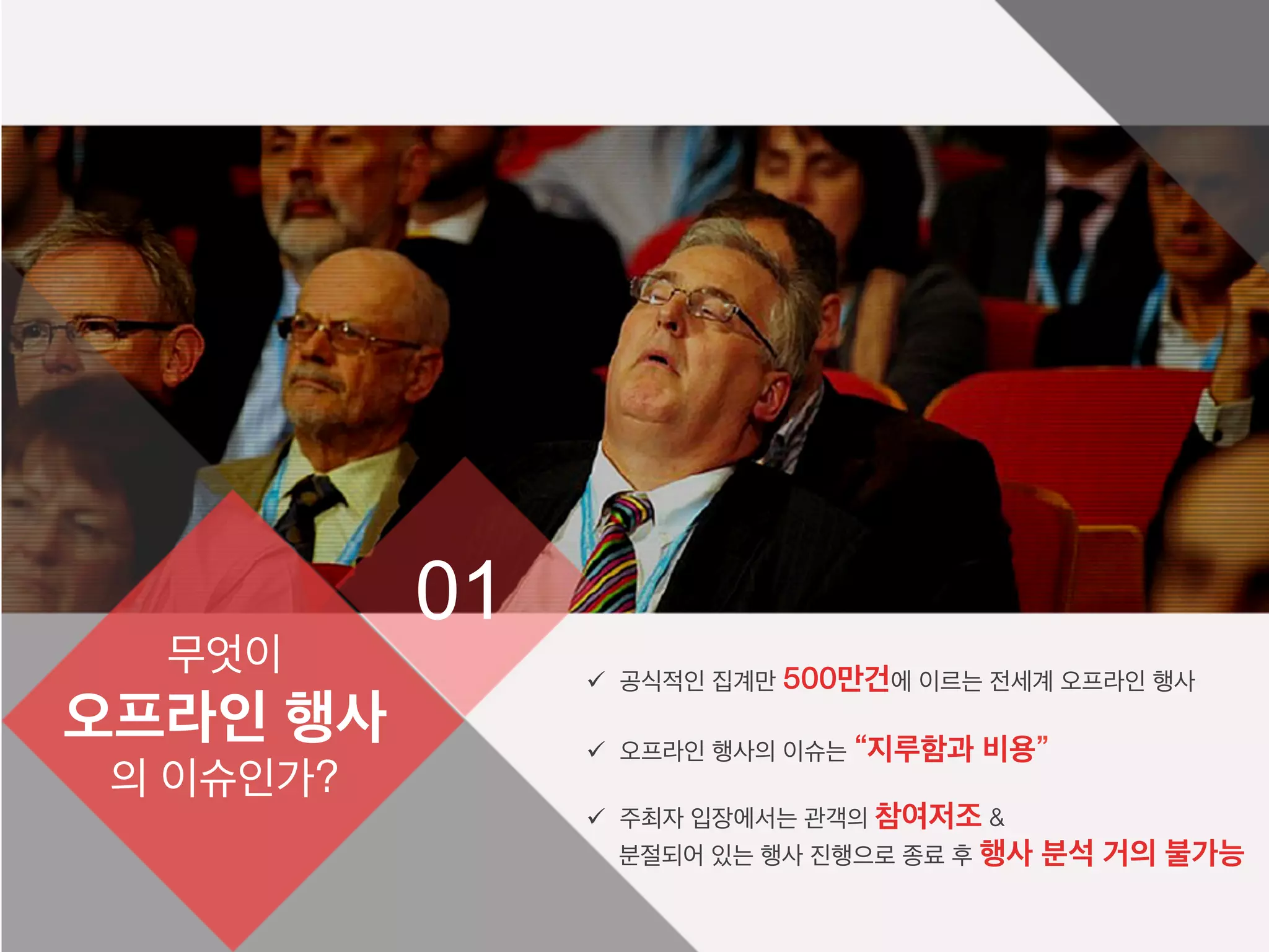 무엇이
오프라인 행사
의 이슈인가?
01
ü  공식적인 집계만 500만건에 이르는 전세계 오프라인 행사
ü  오프라인 행사의 이슈는 “지루함과 비용”
ü  주최자 입장에서는 관객의 참여저조 &
분절되어 있는 행사 진행으로 종료 후 행사 분석 거의 불가능
 