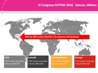 USA
•526 vuelos semanales
•Desde $400 USD
Canadá
•162 vuelos semanales
•Desde $400 USD
Latinoamérica
•35 vuelos semanales
•Desde $700 USD
Europa
•125 vuelos semanales
•Desde $850 USD
Más de 800 vuelos directos a la semana a 85 destinos
IX Congreso FLPTGIC 2016 . Cancún, México
 