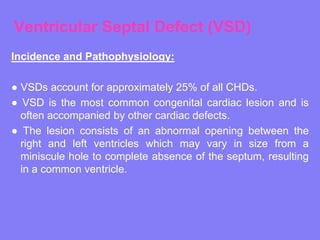 Ventricular Septal Defect (VSD)
Incidence and Pathophysiology:
● VSDs account for approximately 25% of all CHDs.
● VSD is the most common congenital cardiac lesion and is
often accompanied by other cardiac defects.
● The lesion consists of an abnormal opening between the
right and left ventricles which may vary in size from a
miniscule hole to complete absence of the septum, resulting
in a common ventricle.

 