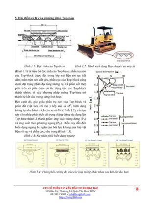 5. Đặc điểm cơ lý của phương pháp Top-base




       Hình 1.1: Đặc tính của Top-base          Hình 1.2: Bánh xích dạng Top-shape của máy ủi
(Hình 1.1) là biểu đồ đặc tính của Top-base: phần trụ nón
của Top-block được đặt trong lớp vật liệu rời rạc (đá
dăm) nằm trên nền đất yếu, phần cọc của Top-block cũng
được đặt trong phần địa tầng tương tự, và phần cốt thép
phía trên và phía dưới có tác dụng nối các Top-block
thành nhóm; vì vậy phương pháp móng Top-base trở
thành hệ kết cấu móng cứng linh hoạt.
Bên cạnh đó, góc giữa phần trụ nón của Top-block và
phần đất (vật liệu rời rạc ) tiếp xúc là 450, hình dạng
tương tự như bánh xích của xe ủi đất (Hình 1.2), cấu tạo
này cho phép phân tích tải trọng thẳng đứng tác dụng lên
Top-base thành 2 thành phần: ứng suất thẳng đứng (PV)
và ứng suất theo phương ngang (PH). Điều này dẫn đến
biến dạng ngang bị ngăn cản bởi lực kháng của lớp vật
liệu rời rạc và phần cọc, như trong (Hình 1.3).
        Hình 1.3: Sự phân phối biến dạng ngang




           Hình 1.4: Phân phối cường độ của các loại móng khác nhau sau khi lún dài hạn




                      CTY CỔ PHẦN TƯ VẤN ĐẦU TƯ LICOGI 16.8
                        169 Bàu Cát, Phường 14, Quận Tân Bình, HCM
                                                                                                8
                            08. 3811 9608 – info@licogi168.com
                                    http://licogi168.com
 