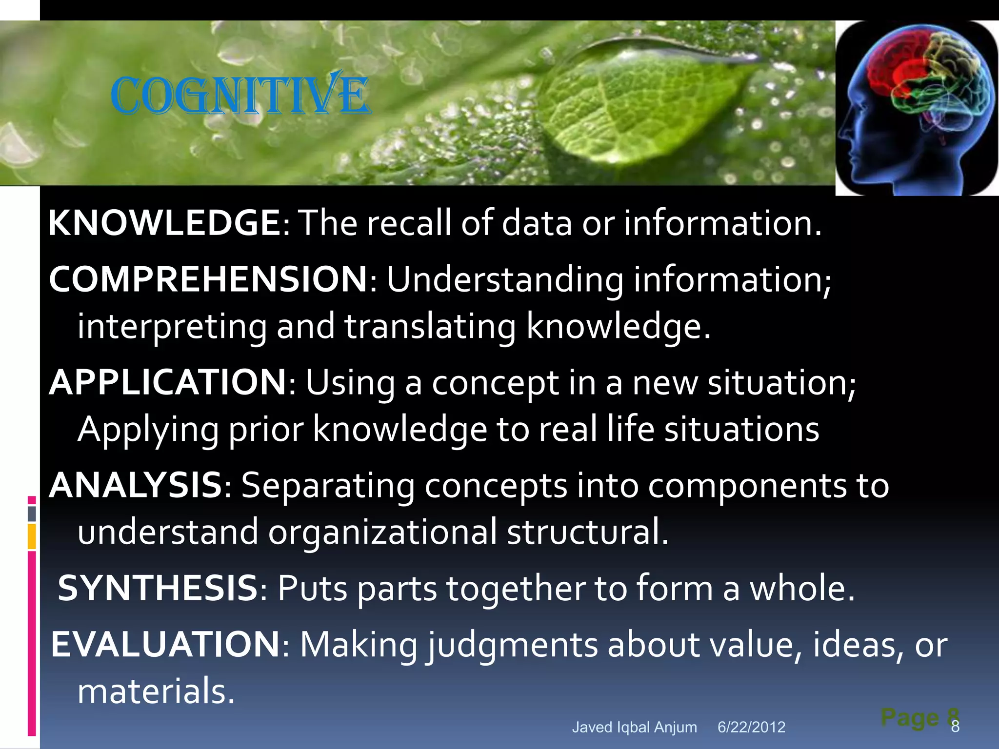 Cognitive
           Powerpoint Template



KNOWLEDGE: The recall of data or information.
COMPREHENSION: Understanding information;
 interpreting and translating knowledge.
APPLICATION: Using a concept in a new situation;
 Applying prior knowledge to real life situations
ANALYSIS: Separating concepts into components to
 understand organizational structural.
SYNTHESIS: Puts parts together to form a whole.
EVALUATION: Making judgments about value, ideas, or
 materials.
                             Javed Iqbal Anjum   6/22/2012   Page 8
                                                                  8
 