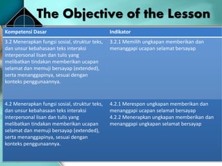 The Objective of the Lesson
Kompetensi Dasar Indikator
3.2 Menerapkan fungsi sosial, struktur teks,
dan unsur kebahasaan teks interaksi
interpersonal lisan dan tulis yang
melibatkan tindakan memberikan ucapan
selamat dan memuji bersayap (extended),
serta menanggapinya, sesuai dengan
konteks penggunaannya.
3.2.1 Memilih ungkapan memberikan dan
menanggapi ucapan selamat bersayap
4.2 Menerapkan fungsi sosial, struktur teks,
dan unsur kebahasaan teks interaksi
interpersonal lisan dan tulis yang
melibatkan tindakan memberikan ucapan
selamat dan memuji bersayap (extended),
serta menanggapinya, sesuai dengan
konteks penggunaannya.
4.2.1 Merespon ungkapan memberikan dan
menanggapi ucapan selamat bersayap
4.2.2 Menerapkan ungkapan memberikan dan
menanggapi ungkapan selamat bersayap
 