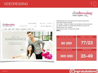 VIDEDRESSING                                                           10

                 Videdressing.com est le premier site d’achat-vente entre
                 particuliers dédié à la Mode
                 Le concept : mettre en relation des acheteurs et des vendeurs
                 qui veulent acheter et vendre des articles de mode et de
                 beauté neufs ou d’occasion
                 Lancement du site: 15 Decembre 2009.
                 CSP++



                     VOLUME EMAILS OPTIN                  FEMMES / HOMMES




                         80 000                           77/23
                        EMAILS SERVICES                     TRANCHE AGE




                       300 000                            35-49


juin 2012
 