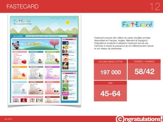 FASTECARD                                                           12

              Fastecard propose des milliers de cartes virtuelles animées
              disponibles en Français, Anglais, Allemand et Espagnol !
              Originalité et simplicité d’utilisation Fastecard recrute ses
              membres à travers la puissance de son référencement naturel
              et son réseau de partenaires.




                  VOLUME EMAILS OPTIN                 FEMMES / HOMMES




                    197 000                            58/42
                            AGE




                    45-64


juin 2012
 
