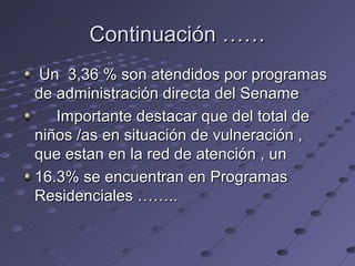 Continuación ……
Un 3,36 % son atendidos por programas
de administración directa del Sename
   Importante destacar que del total de
niños /as en situación de vulneración ,
que estan en la red de atención , un
16.3% se encuentran en Programas
Residenciales ……..
 