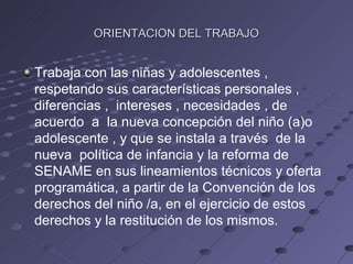 ORIENTACION DEL TRABAJO


Trabaja con las niñas y adolescentes ,
respetando sus características personales ,
diferencias , intereses , necesidades , de
acuerdo a la nueva concepción del niño (a)o
adolescente , y que se instala a través de la
nueva política de infancia y la reforma de
SENAME en sus lineamientos técnicos y oferta
programática, a partir de la Convención de los
derechos del niño /a, en el ejercicio de estos
derechos y la restitución de los mismos.
 