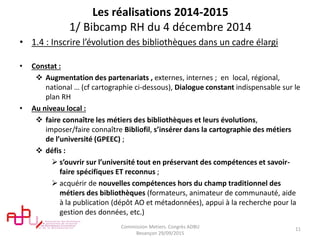 Les réalisations 2014-2015
1/ Bibcamp RH du 4 décembre 2014
• 1.4 : Inscrire l’évolution des bibliothèques dans un cadre élargi
• Constat :
 Augmentation des partenariats , externes, internes ; en local, régional,
national … (cf cartographie ci-dessous), Dialogue constant indispensable sur le
plan RH
• Au niveau local :
 faire connaître les métiers des bibliothèques et leurs évolutions,
imposer/faire connaître Bibliofil, s’insérer dans la cartographie des métiers
de l’université (GPEEC) ;
 défis :
 s’ouvrir sur l’université tout en préservant des compétences et savoir-
faire spécifiques ET reconnus ;
 acquérir de nouvelles compétences hors du champ traditionnel des
métiers des bibliothèques (formateurs, animateur de communauté, aide
à la publication (dépôt AO et métadonnées), appui à la recherche pour la
gestion des données, etc.)
Commission Metiers. Congrès ADBU
Besançon 29/09/2015
11
 