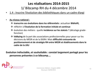 Les réalisations 2014-2015
1/ Bibcamp RH du 4 décembre 2014
• 1.4 : Inscrire l’évolution des bibliothèques dans un cadre élargi
• Au niveau national :
 transcrire ces évolutions dans les référentiels : actualiser Bibliofil,
 réfléchir à l’évolution de la formation initiale et continue
 évolution des métiers : quelle incidence sur les statuts ? (décalage grade-
fonction)
 lobbying de la part des associations professionnelles pour peser sur les
décisions du MESR et de la DGRH. Mais difficulté croissante de
positionnement et de stratégie RH entre MESR et établissements dans le
cadre de la LRU
Evolution inéluctable, et souhaitable : constat largement partagé pour les
personnes présentes à ce bibcamp….
Commission Metiers. Congrès ADBU
Besançon 29/09/2015
12
 