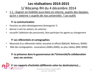 Les réalisations 2014-2015
1/ Bibcamp RH du 4 décembre 2014
• 1.1 : Gagner en lisibilité aussi bien en interne, auprès des équipes,
qu’en « externe » auprès de nos universités ! Les outils
 La communication
• Fonction en plein développement (émergente ?)
• donner à voir les actions, les valoriser
• recueillir l’adhésion des personnels, faire participer les agents au changement
 Les référentiels et cartographies
• Nécessité d’un référentiel métier actualisé et officiel (Bibliofil, Referens, REME)
• Rôle des cartographies : associatives (ADBU,ADBS), ou plus ciblées (BNF, BSN9)
 La présence dans la gouvernance de l’Université/la collaboration
avec ses services
 Les rapports d’activités (différents selon les destinataires)….
Commission Metiers. Congrès ADBU
Besançon 29/09/2015
5
 
