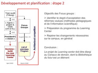 Développement et planification : étape 2 Objectifs des Focus groups : identifier le degré d’acceptation des réformes voulues (méthodes pédagogiques et de l’information scientifique) Préparation du programme du Learning Center Repérer les changements nécessaires sur le campus, en général Conclusion : Le projet de  Learning center  doit être élargi au  Campus de demain , dont la  Bibliothèque du futur  est un élément 