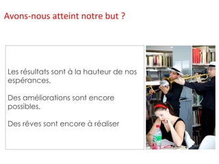 Les résultats sont à la hauteur de nos espérances, Des améliorations sont encore possibles, Des rêves sont encore à réaliser Avons-nous atteint notre but ? 
