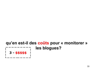 qu’en est-il des coûts pour « monitorer »
les blogues?
33
3 - $$$$$
 