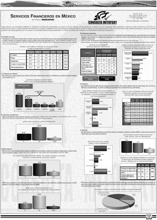 Congresistas                                                                           • 16 al 30 de Noviembre 2010 • Año 10 Nº 213 •



                                                                                                                                                                                                         GEORGIA # 38,

              SERVICIOS FINANCIEROS                                                   EN   MéXICO                                                                                                  COL. NÁPOLES, MÉxICO, DF
                                                                                                                                                                                                   consulta@consulta.com.mx
                                                                                                                                                                                                        TEL. 5543 5969
                                                   roy campos / CONSULTA MITOFSKY

                                                                                                                                 CONSULTA MITOFSKY
                                                                                                                                                                                               encUesta nacional en viviendas


como    parte de las reformas en   méxico     el   congreso   ha aprobado recientemente algUnas leyes qUe regUlan las relaciones de la banca y de los ciUdadanos .         se   incrementó el impUesto sobre depósitos en efectivo; se
estableció Un límite al cambio de moneda extranjera; se elimina la comisión por Uso de cajeros aUtomáticos para el retiro de dinero; se aUtorizaron nUevos tipos de cUentas para evitar cobros exagerados, son sólo algUnos
ejemplos.   de algUna manera esto   ha llevado a la discUsión sobre el sistema bancario y el grado de avance qUe tenemos los ciUdadanos en servicios financieros.

                                                                                                                     B. SERVICIOS BANCARIOS
                                                                                                                     • en los 5 años qUe hemos hecho algUnas mediciones observamos Una disminUción en la penetración de cUentas de
A. FORMAS DE PAGO                                                                                                      ahorro y de cheqUes, en cambio han aUmentado los créditos, Uno de cada 20 mexicanos dice qUe en sU vivienda
• por mUcho el método de pago más Utilizado hoy por los mexicanos es el efectivo, en algUnos casos llega               tienen al menos Uno.
  al 94% cUando se compra comida o baja al 83% para electrodomésticos, pero podemos afirmar qUe el                   • tres de cada 10 mexicanos no cUentan con servicios bancarios del tipo qUe este sea.
  efectivo es prácticamente el método preferido para toda transacción, al menos en prodUctos cUya compra             • otro servicio qUe parece haber disminUido en año y medio, es la Utilización (no tenencia) de tarjetas de crédito.
  es de alta frecUencia.
                                                                                                                                  ¿cUáles   de los sigUientes                           ¿cUál o   cUáles considera Usted qUe son las
                             cUando   Usted compra o consUme las sigUientes cosas,                                            servicios bancarios Utiliza Usted?                          principales razones por las qUe algUnas
                                         ¿cómo      es normalmente sU pago?                                                                                                                 personas no tienen cUenta bancaria?




C. TARJETAS DE CRéDITO
• del 11% qUe Utiliza tarjetas de crédito 37% dice tener más de Una y el promedio de tarjetas entre qUienes
  las Utilizan es 1.7.

                                     ¿cUántas tarjetas de crédito tiene?
                                   sólo % qUe “sí Utiliza tarjeta de crédito”
                                                                                                                     D. BANCOS
                                                                                                                     • el principal motivo para elegir con cUál banco abrir Una cUenta parece ser sU pUblicidad,              así lo dice el
                                                                                                                       45% de los mexicanos, le sigUe el 20% qUe elegiría por la Ubicación de la sUcUrsal.

                                                                                                                        ¿qUé criterio Utilizaría para elegir el banco, la               ¿cUál o   cUáles considera Usted qUe son las
                                                                                                                     Ubicación de Una sUcUrsal, lo qUe el banco ofrece en                 principales razones por las qUe algUnas
                                                                                                                       sU pUblicidad, lo qUe le recomiendan sUs amigos o                   personas   no tienen      cUenta bancaria?
                                                                                                                                     qUe otra información?




E. CAJEROS AUTOMÁTICOS
• 29% de mexicanos dice Utilizar cajeros aUtomáticos, sobre todo los hombres,          los estratos altos y en el
  norte del país (la Utilización no por fUerza es para Una tarjeta propia).

                                 ¿hace   Usted Uso de los cajeros aUtomáticos?




                                                                                                                     F. AHORRO
                                                                                                                     • se mantiene   el gUardar dinero en efectivo como la principal forma de ahorro           (29%), aUnqUe 3   de cada   10
                                                                                                                      mexicanos dicen qUe nUnca ahorran.
                                                                                                                                                                                          ¿acostUmbra gUardar dinero en efectivo
                                                                                                                                                                                            como reserva, para las emergencias?



                                                                                                                                en caso de qUe      Usted ahorre,
                                                                                                                                ¿cómo lo hace       comúnmente?



G.PRESTAMISTAS
• más de 4 de cada 10 mexicanos conoce al menos a Una persona, fUera del servicio financiero, a qUien pUede
  pedir prestado dinero, sobre todo es el centro del país donde ese conocimiento pasa del 50%.

                  en   caso de qUe Usted necesitara dinero y no pUdiera pedírselo a Un banco
                                 ¿conoce a algUna persona qUe        preste dinero?                                                                                                   aUnqUe   no todos podemos ahorrar, en ocasiones
                                                                                                                                                                                       los mexicanos encontramos algUnas formas de
                                                                                                                                                                                       hacerlo.   dígame   si en sU casa se acostUmbra…




• 28%   dice conocer el interés qUe cobran esos prestamistas y en promedio afirman qUe llega al           12.5%      • para casi la mitad de los mexicanos la existencia de prestamistas fUera del sistema bancario es positiva, ya
 mensUal (Un pUnto menos al qUe reportaban en           2005).                                                         qUe es la única forma de acceder a créditos para todos; sólo 23% dicen qUe es mala sU existencia por los
                                                                                                                       altos intereses qUe cobran.
                                      ¿sabe   Usted qUe interés mensUal es el
                          qUe cobran en estos días las personas qUe prestan dinero?                                                       ¿es   bUeno o es malo qUe existan particUlares qUe presten dinero?

                                                                                                                                                   es   malo qUe existan
                                                                                                                                                particUlares qUe presten
                                                                                                                                                                                                       ambas
                                                                                                                                                        dinero   23.3%                                 17.6%




                                                                                                                                                                                                             ns/nc
                                                                                                                                                                                                             12.2%
                                                                                                                                              es   bUeno qUe existan
                                                                                                                                            particUlares qUe presten
                                                                                                                                                   dinero   46.9%




                                                                                                                                                                                                                               17
 