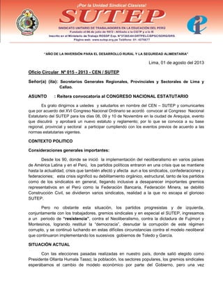 “AÑO DE LA INVERSIÓN PARA EL DESARROLLO RURAL Y LA SEGURIDAD ALIMENTARIA”

Lima, 01 de agosto del 2013
Oficio Circular Nº ...