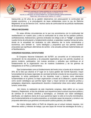 transcurrido ya 02 años de su gestión observamos con preocupación la continuidad del
modelo económico, y la promulgación d...