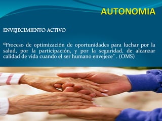 ENVEJECIMIENTO ACTIVO

“Proceso	
   de	
   optimización	
   de	
   oportunidades	
   para	
   luchar	
   por	
   la	
  
salud,	
   por	
   la	
   participación,	
   y	
   por	
   la	
   seguridad,	
   de	
   alcanzar	
  
calidad	
  de	
  vida	
  cuando	
  el	
  ser	
  humano	
  envejece”	
  .	
  (OMS)
 
