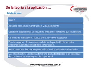 De la teoría a la aplicación ….De la teoría a la aplicación ….
Caso 2
Actividad económica: Construcción y mantenimiento
Ubicación: según donde se encuentre emplazo el comitente que los contrata
Cantidad de trabajadores: fluctúa entre 25 y 150 trabajadores
Plan de negocio : Ser una empresa líder en la prestación de servicios
relacionados con la actividad de la construcción .
Alerta temprana: fluctuación pronunciada en los indicadores siniestrales
Qué encontramos: La empresa tenía una gran adaptabilidad a las exigencias
del comitente; estas sean para bien o para mal.
• Estudio de casos
 