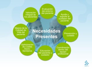 Evaluación
                            del entorno
           Valoración       del paciente
           integral de                        Ayuda y
         los pacientes                       soporte al
                                            cuidador del
                                              paciente


Mejora de la
Calidad de
 Vida del        Necesidades                      Prevención y
 paciente
                                                    cuidado
                  Presentes
      Optimización
       de Costes                           Coordinación
         Socio-                             dentro del
       Sanitarios         Educación           equipo
                         del paciente y     profesional
                           cuidador
 