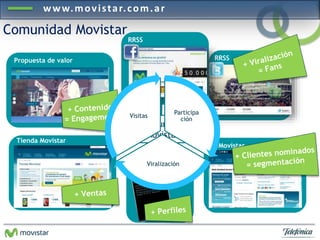 www.mov i s ta r. com.a r 
Propuesta de valor 
Tienda Movistar 
Mi Movistar 
Visitas 
Publicidad Móvil 
RRSS 
RRSS 
Comunidad 
Movistar 
Comunidad Movistar 
Participa 
ción 
Viralización 
 