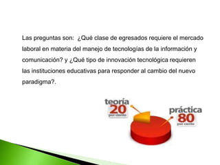 Las preguntas son: ¿Qué clase de egresados requiere el mercado
laboral en materia del manejo de tecnologías de la información y
comunicación? y ¿Qué tipo de innovación tecnológica requieren
las instituciones educativas para responder al cambio del nuevo
paradigma?.
 