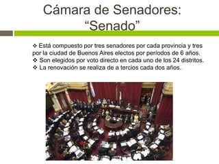 Cámara de Senadores: 
“Senado” 
 Está compuesto por tres senadores por cada provincia y tres 
por la ciudad de Buenos Aires electos por períodos de 6 años. 
 Son elegidos por voto directo en cada uno de los 24 distritos. 
 La renovación se realiza de a tercios cada dos años. 
 