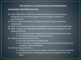 EN CUANTO A LA ELECCION DE LOS CONGRECISTAS
SENADORES YREPRESENTANTES:
 1821,1830,1832 y 1843 los vecinos pudientes de cada parroquia
sufragaban por electores quienes a su vez elegían senadores y
representantes.
 1853 y 1858 se introdujo el sufragio universal y directo para los
congresistas.
 1863 su elección queda librada a la legislación de los estados soberanos.
 1886 se eligen por ciudadanos alfabetas o rentistas y propietarios que
pagan impuestos.
 Los senadores eran elegidos por asambleas departamentales
 Los representantes en elección directa.
 reforma constitucional de 1910
 Los representantes se eligen igual.
 Los senadores se elegirán por concejos electorales elegidos por
asambleas departamentales.
 1936 acto legislativo No 1
 Establecerá elección por sufragio universal a los representantes.
 Se extiende este a los senadores por acto legislativo No 1 de
1945.
 