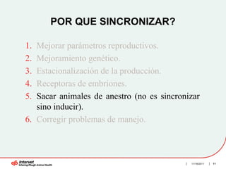 POR QUE SINCRONIZAR?

1. Mejorar parámetros reproductivos.
2. Mejoramiento genético.
3. Estacionalización de la producción.
4. Receptoras de embriones.
5. Sacar animales de anestro (no es sincronizar
   sino inducir).
6. Corregir problemas de manejo.



                                            11/16/2011   11
 