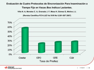 Evaluación de Cuatro Protocolos de Sincronización Para Inseminación a
             Tiempo Fijo en Vacas Bos Indicus Lactantes.
         Villa N. A, Morales C. A, Granada J. F, Mesa H, Gómez G, Molina J.J.

               (Revista Científica FCV-LUZ Vol XVII No 5,501-507 2007)




                                  Tasa de Preñez

                                                                                11/16/2011   22
 
