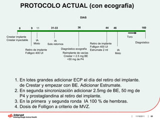 PROTOCOLO ACTUAL (con ecografía)
                                                             DIAS



          0          9     11         31-33                36                       44      46                  160


Crestar implante                                                                                   Toro
Crestar inyectable        IA              IA
                         Mixto                                         Retiro de implante                 Diagnóstico
                                    Solo retornos
                                                                       Folligon 400 UI
               Retiro de implante              Diagnóstico ecografía   Estrumate 2 ml        IA
               Folligon 400 UI                  Reimplante de vacías                        Mxto
                                                 Crestar + 2.5 mg BE
                                                   +50 mg de P4




      1. En lotes grandes adicionar ECP el día del retiro del implante.
         de Crestar y empezar con BE. Adicionar Estrumate.
      2. En segunda sincronización adicionar 2.5mg de BE, 50 mg de
      . P4 y prostaglandina al retiro del implante.
      3. En la primera y segunda ronda IA 100 % de hembras.
      4. Dosis de Folligon a criterio de MVZ.
                                                                                                          11/16/2011    85
 