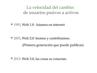 La velocidad del cambio:
de usuarios pasivos a activos
1995, Web 1.0 : leíamos en internet
2005, Web 2.0: leemos y contribuimos.
(Primera generación que puede publicar).
2015: Web 3.0, las cosas se conectan.
 