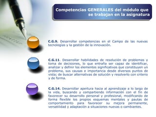 C.G.14. Desarrollar apertura hacia al aprendizaje a lo largo de
la vida, buscando y compartiendo información con el fin de
favorecer su desarrollo personal y profesional, modificando de
forma flexible los propios esquemas mentales y pautas de
comportamiento para favorecer su mejora permanente,
versatilidad y adaptación a situaciones nuevas o cambiantes.
C.G.9. Desarrollar competencias en el Campo de las nuevas
tecnologías y la gestión de la innovación.
C.G.11. Desarrollar habilidades de resolución de problemas y
toma de decisiones, lo que entraña ser capaz de identificar,
analizar y definir los elementos significativos que constituyen un
problema, sus causas e importancia desde diversos puntos de
vista; de buscar alternativas de solución y resolverlo con criterio
y de forma.
Competencias GENERALES del módulo que
se trabajan en la asignatura
Competencias GENERALES del módulo que
se trabajan en la asignatura
 