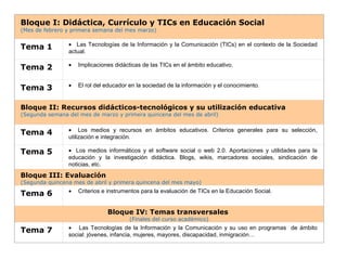 Contenidos de la Asignatura
Bloque I: Didáctica, Currículo y TICs en Educación Social
(Mes de febrero y primera semana del mes marzo)
Tema 1 • Las Tecnologías de la Información y la Comunicación (TICs) en el contexto de la Sociedad
actual.
Tema 2 • Implicaciones didácticas de las TICs en el ámbito educativo.
Tema 3 • El rol del educador en la sociedad de la información y el conocimiento.
Bloque II: Recursos didácticos-tecnológicos y su utilización educativa
(Segunda semana del mes de marzo y primera quincena del mes de abril)
Tema 4 • Los medios y recursos en ámbitos educativos. Criterios generales para su selección,
utilización e integración.
Tema 5 • Los medios informáticos y el software social o web 2.0. Aportaciones y utilidades para la
educación y la investigación didáctica. Blogs, wikis, marcadores sociales, sindicación de
noticias, etc.
Bloque III: Evaluación
(Segunda quincena mes de abril y primera quincena del mes mayo)
Tema 6 • Criterios e instrumentos para la evaluación de TICs en la Educación Social.
Bloque IV: Temas transversales
(Finales del curso académico)
Tema 7 • Las Tecnologías de la Información y la Comunicación y su uso en programas de ámbito
social: jóvenes, infancia, mujeres, mayores, discapacidad, inmigración…
 