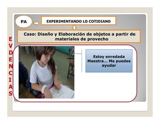 PA        EXPERIMENTANDO LO COTIDIANO


     Caso: Diseño y Elaboración de objetos a partir de
E                 materiales de provecho
V
D
                                  Estoy enredada
E                               Maestra… Me puedes
N                                     ayudar

C
I
A
S
 